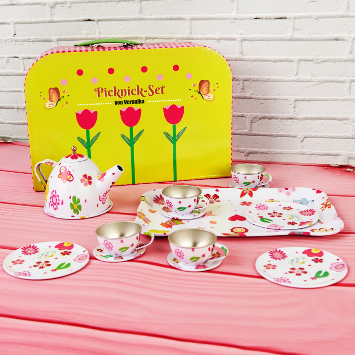 Teeset im Köfferchen Kindergeschirr Tablett,Korb Picknick Set Tassen Teller 