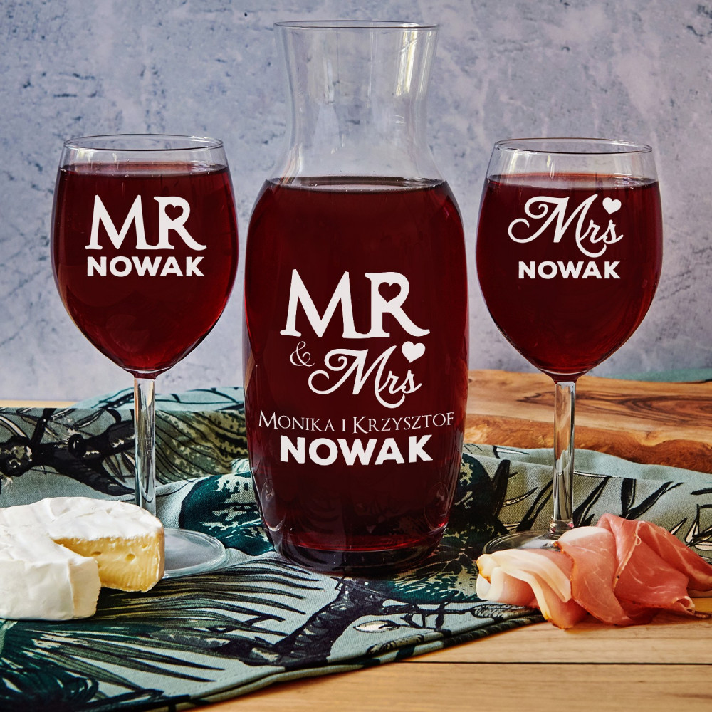 Mr&Mrs - Zestaw grawerowana karafka i dwa kieliszki do wina